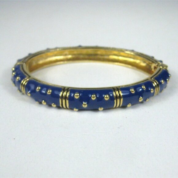 Enamel Gold Tone Hinged Bangle Bracelet 6 Inch Inner Cir Textured Polka Dots - Picture 1 of 8
